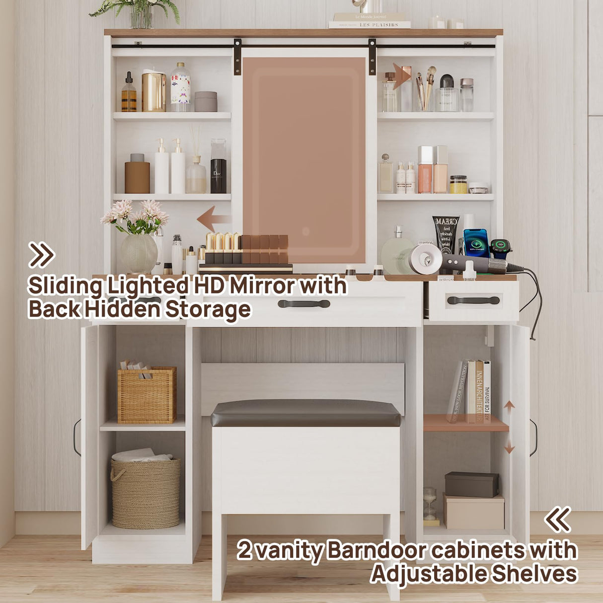 43" Farmhouse Makeup Vanity Desk with Lights and Chair, Vanity Table with Sliding Mirror and Power Strips, 3 Drawers & 2 Cabinets, Open & Hidden Shelves, Stool Included, White Dressing Table amzzar