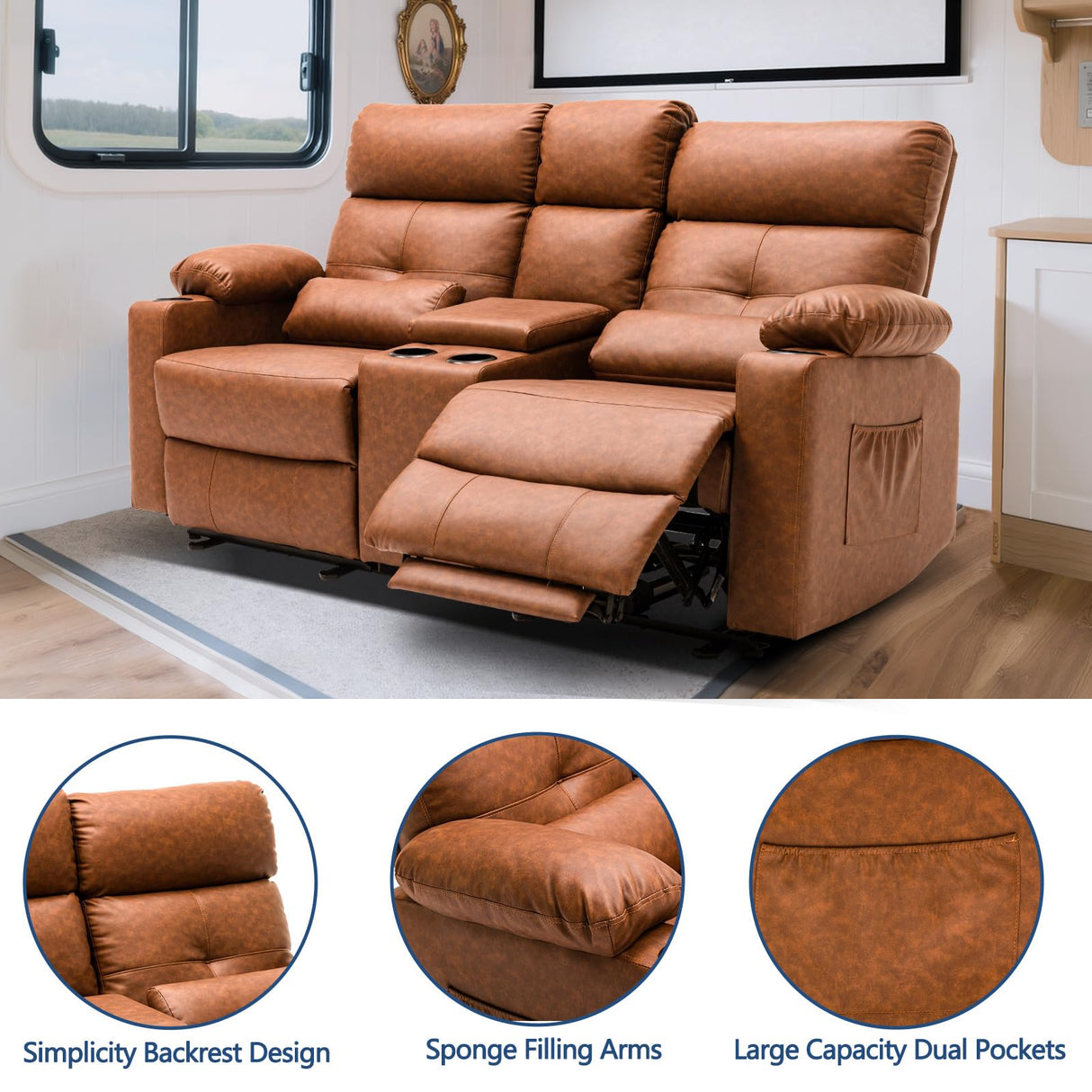 RIHEREFY 68'' RV Loveseat Recliner Sofa| RV Power Reclining Loveseat with Console & Cup Holder | RV Double Recliner Sofa | RV Theater Seating Loveseat(PU, Brown) RIHEREFY