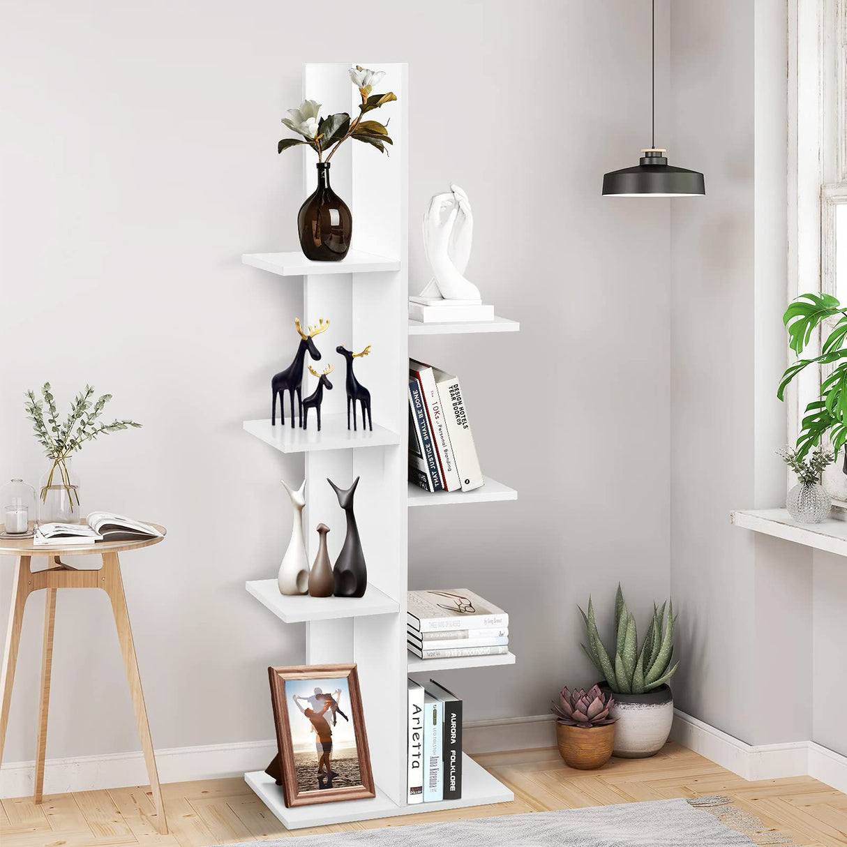 Giantex Tree Bookshelf, 7-Tier Tall Freestanding Wood Bookshelf with Anti-toppling, Modern Multipurpose Display Storage Rack Organizer Corner Shelf for Books, Photos, White Giantex