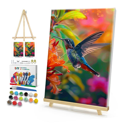HeeBenor Framed Paint by Numbers Kit for Adults, Hummingbird Paint by Numbers Kit for Adults with Easel, DIY Flower Bird Paint by Number with Frame, Adult Paint by Number Kits Framed Canvas 8x12 Inch