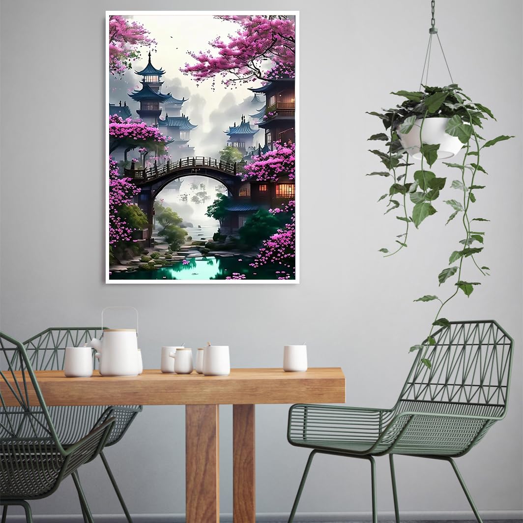 MOMDEDP 5D Bridge Flower Diamond Art Painting Kits for Adults Diamond Art Sakura Landscape Diamond Painting Full Drill Crystal Rhinestone Embroidery Craft Kits for Home Wall Decor Gifts, 12x16inch MOMDEDP