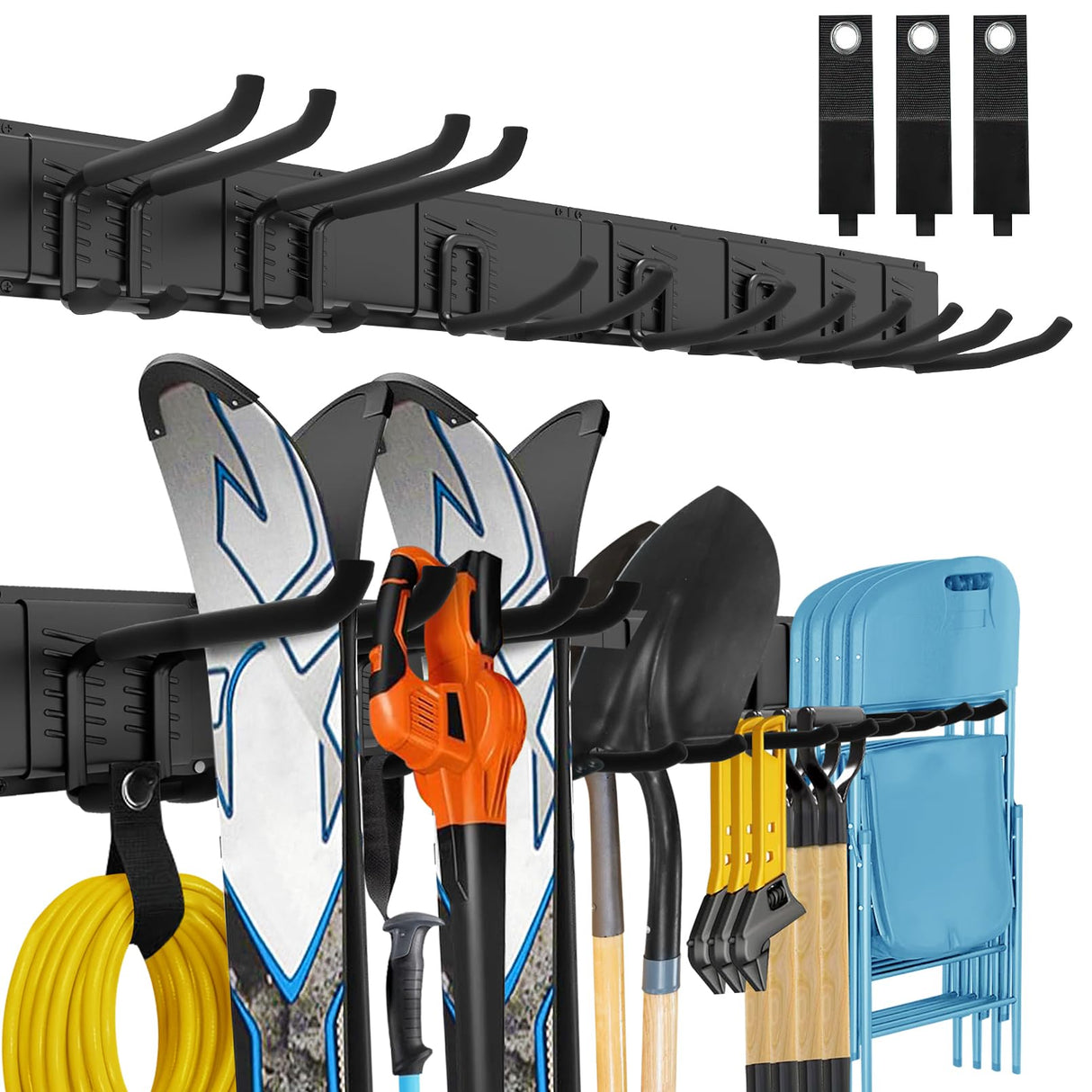 Suemoss Garage Tool Organizer Wall Mount, 48 Inches Garden Tool Organizer with Adjustable Hooks, Metal Garage Storage Rack Max Loading 440lbs, Tool Holder for Hanging Rake Broom Mop Snowboard Suemoss