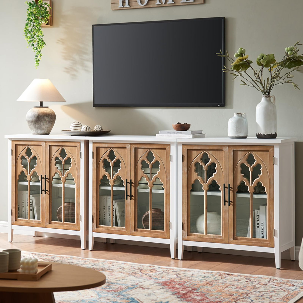 WINWY 30" Farmhouse Sideboard Buffet Credenza Cabinet, Decorative Accent Cabinet with 2 Carved Arched Glass Doors & Adjustable Shelf, Rustic Wooden Storage for Kitchen, Living Room(White,Set of 3) WINWY
