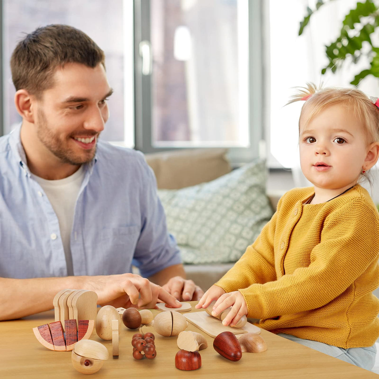 WHOHOLL Wooden Play Food, Toddler Cutting Play Food Sets for Kids Kitchen, Velcro Fake Food Fruit Toys for Pretend Play Kitchen, Montessori Toy Kitchen Accessories for Girls Boys Gifts WHOHOLL