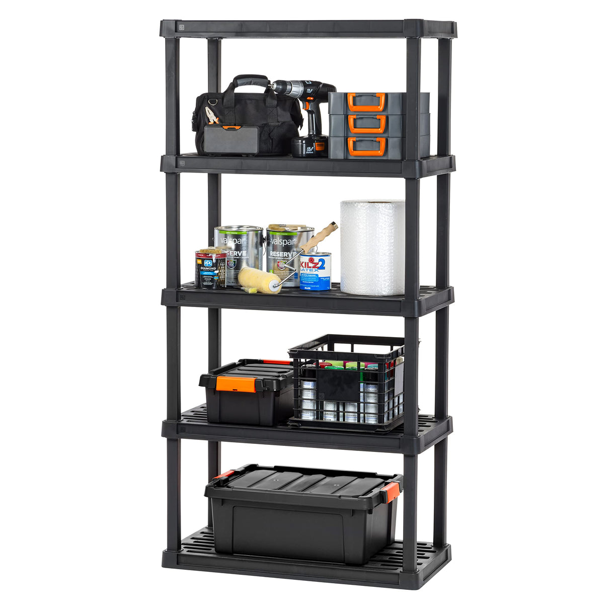 IRIS USA 5-Tier Heavy Duty Plastic Shelving Unit, 73" Tall - 100lbs per Shelf, Modular Garage Rack Storage Organizer for Home, Basement, Laundry & Utility Room, 18"D x 36"W x 73"H - Black IRIS