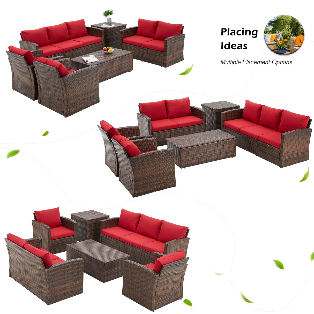 AECOJOY 7 Pieces Patio Furniture Set with Two Storage Boxes, Outdoor Wicker Sectional Sofa, All-Weather Rattan Conversation Set for Garden, Backyard, Red Cushion&Brown Rattan AECOJOY