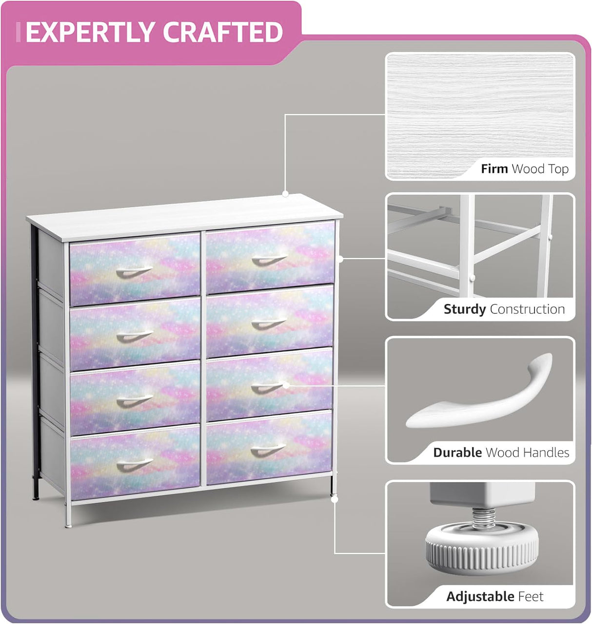 Sorbus Kids Dresser with 8 Drawers - Storage Chest Organizer Unit Nightstand - Steel Frame, Wood Top, Tie-Dye Fabric Bins for Clothes - Wide Furniture for Bedroom, Hallway, Nursery, Closet, Apartment Sorbus
