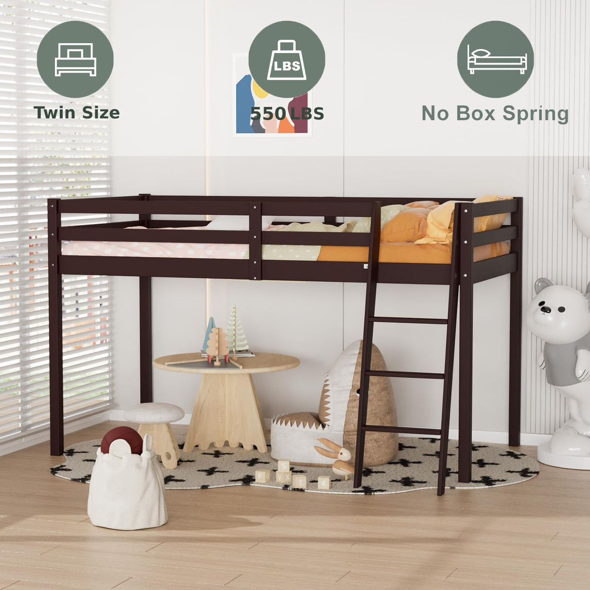Bonnlo Espresso Twin Low Loft Bed with Inclined Stairs and High Guard Rail Bonnlo