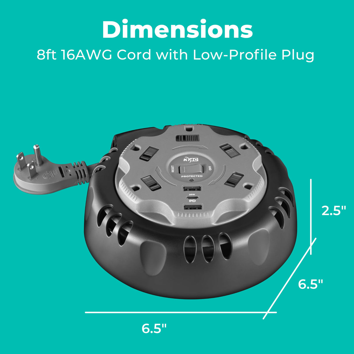 KMC 5-Outlet USB-C PD Surge Twist Retractable Power Strip Cord Reel, 2 USB-A & 1 USB-C Power Delivery, 735J Surge Protector, 8ft Retractable Extension Cord, 3-Prong Flat Plug, UL/ETL Certified, Gray KMC