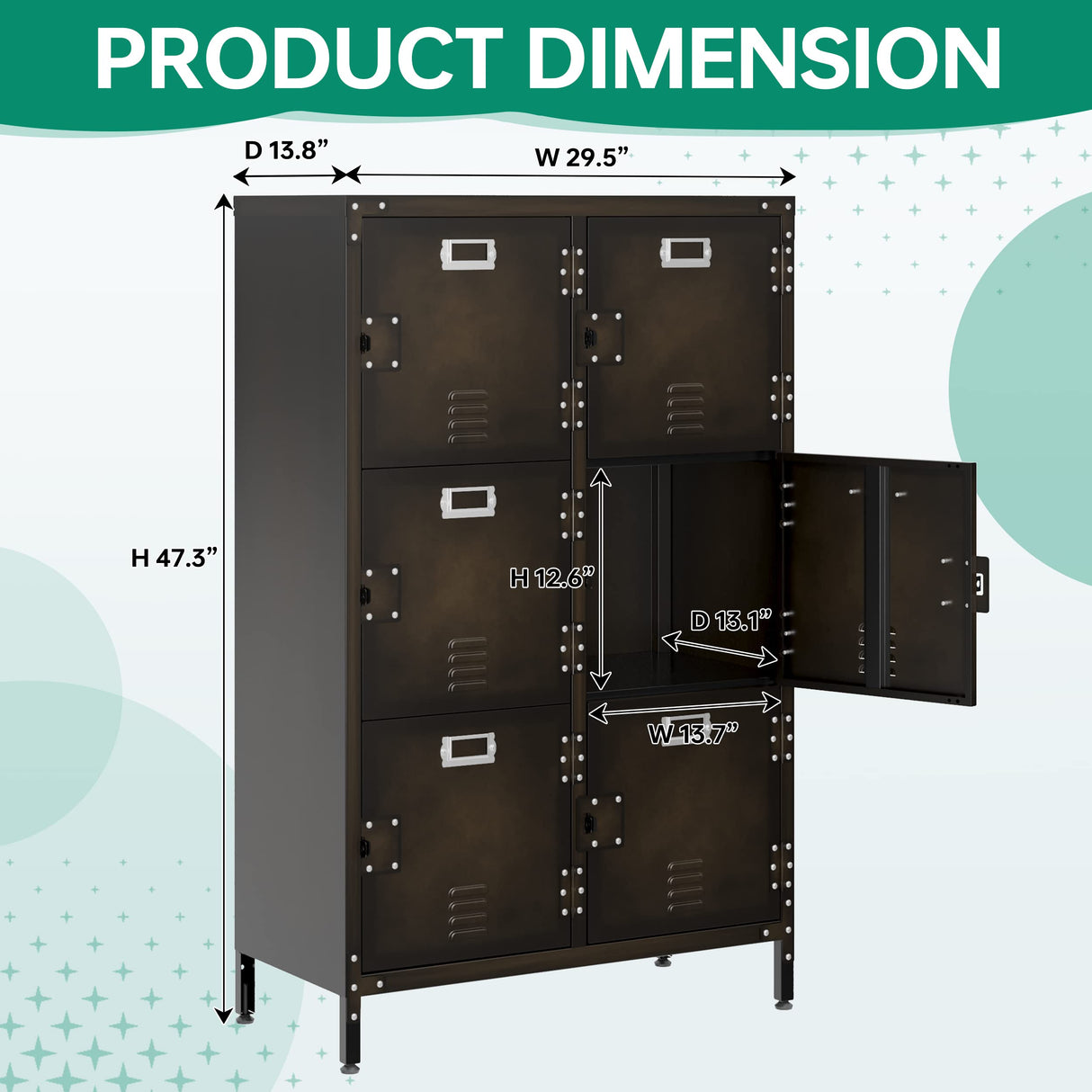 Letaya Metal Storage Locker,47" Steel Retro Cabinets 6 Doors Lockable,Adjustable Feet Organizer Cabinets for Employees Home Office School Gym (6 Letaya