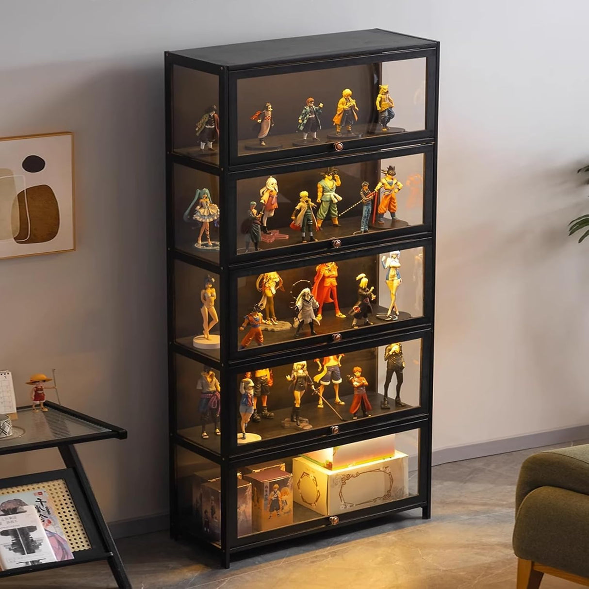 iusyugh 5-Tier Curio Display Cabinet, Storage Shelves with Acrylic Door, Collectibles Toy Organizers Rack & Display Shelf, Display Case for Playroom Bedroom Toddler's Room Kids Bookcase iusyugh