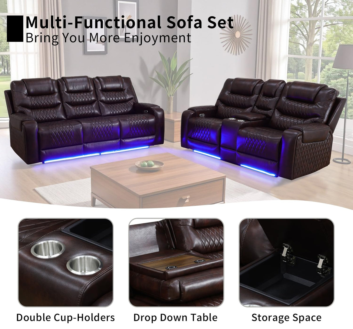 Caberryne Power Recliner Sofa for Living Room Furniture Set,Leather Reclining Sofa and Loveseat with Storage Space/Cup Holders/Charging for Home Theater(Wine Red) Caberryne