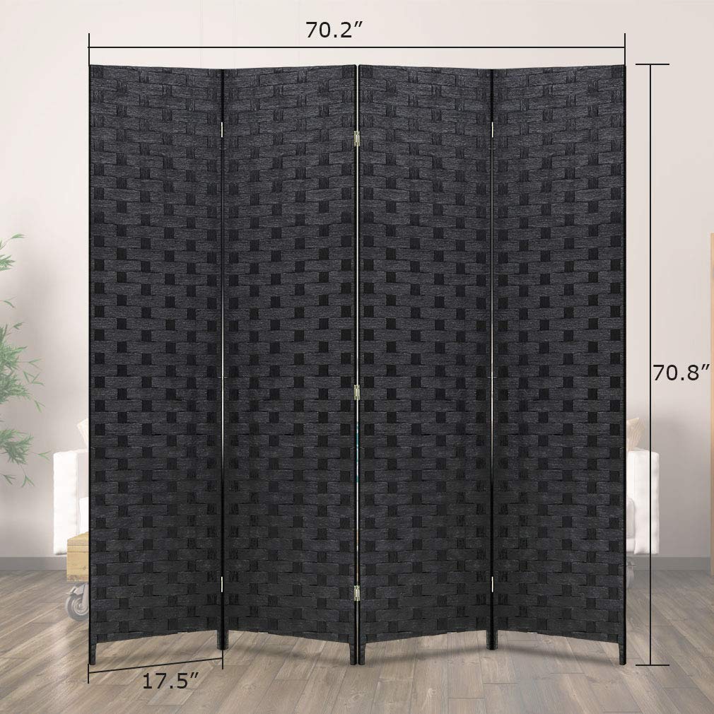 Room Divider 6FT Wall Divider Wood Screen 4 Panels Wood Mesh Hand-Woven Design Room Screen Divider Indoor Folding Portable Partition Screen,Black FDW