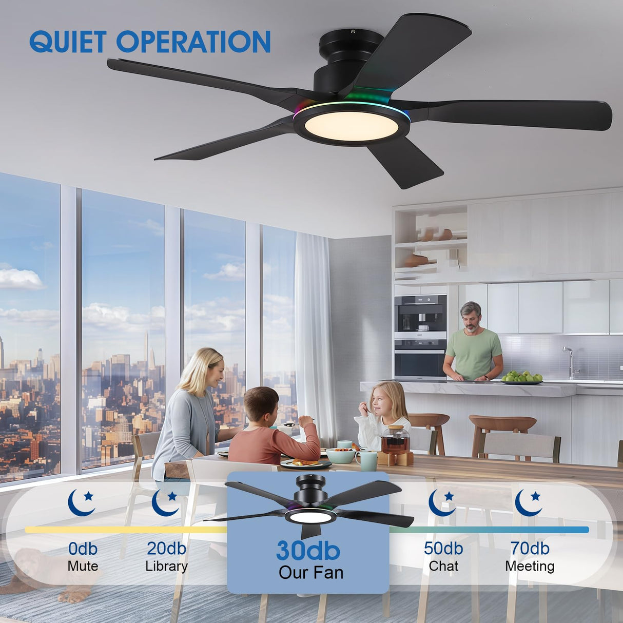 Ceiling Fans with Lights and Remote/APP Control, 52" Low Profile Flush Mount Ceiling Fan with RGB Ring Light & Dimmable, 5 Reversible Curved Blades 3 CCT 6 Speeds for Bedroom Living Room Party, Black Wiviniya