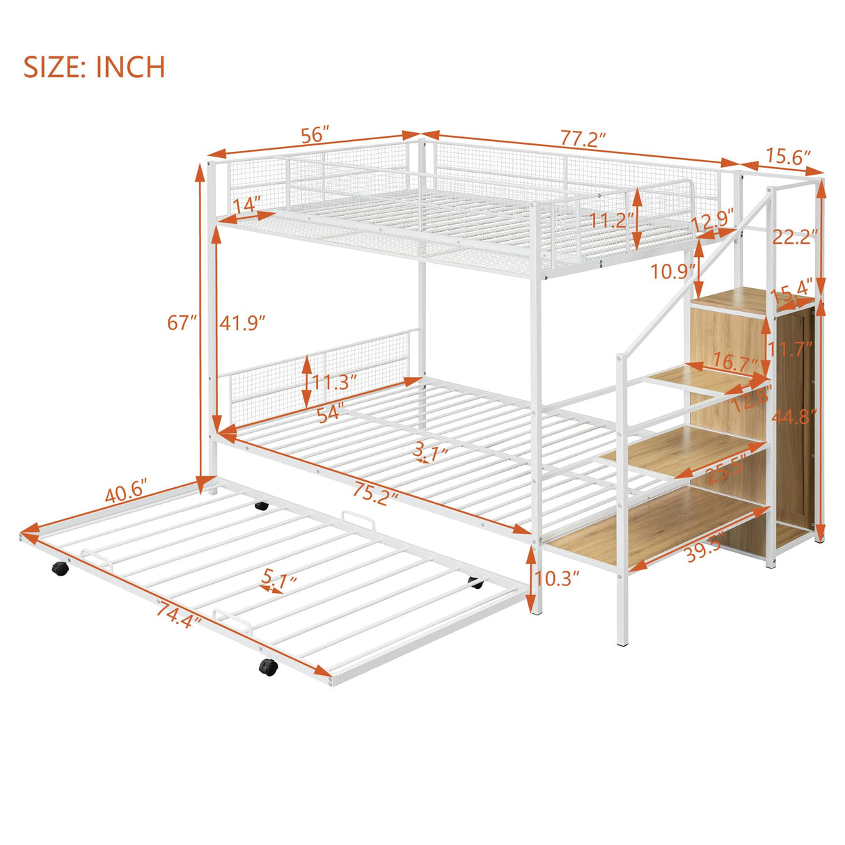 Twin Over Full Metal Bunk Bed with Trundle, Stairs, Wardrobe and Storage Shelves, Modern Style Heavy-Duty Steel Frame Bunk Bed with Safety Rail, for Bedroom, Dorm, White Bellemave