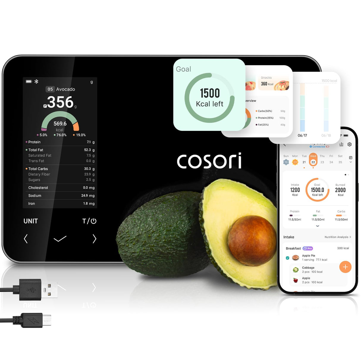 Cosori Smart Food Kitchen Scale with Nutritional Calculator, Free App for AI Scan, Calorie & Macro Tracking, Food Preload, On-Screen Nutrient Info, Personal Goals, Rechargeable, 11 lb / 5 kg COSORI