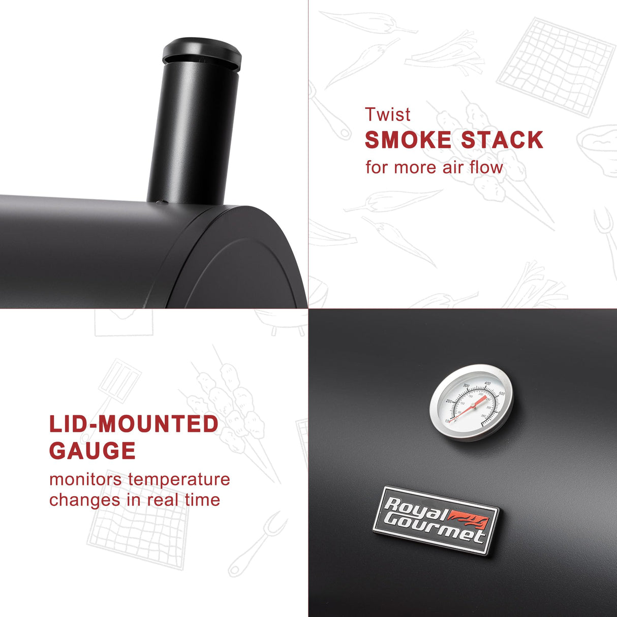 Royal Gourmet CC1830W 30-Inch Charcoal Grill with Offset Smoker and Wood-Painted Side Table, Outdoor Smoker Grill with 811 Sq. In. Cooking Area for Outdoor Barbecue Event, Black Royal Gourmet