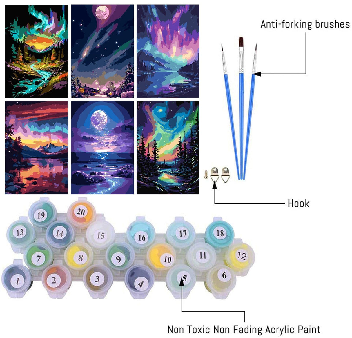 Fuinkqe 6 Pack Paint by Number Kit for Adults Beginner, Polar Lights Moon Landscape DIY Acrylic Painting Paint by Numbers Kits on Canvas for Gift Home Wall Decor 10x14inch Fuinkqe