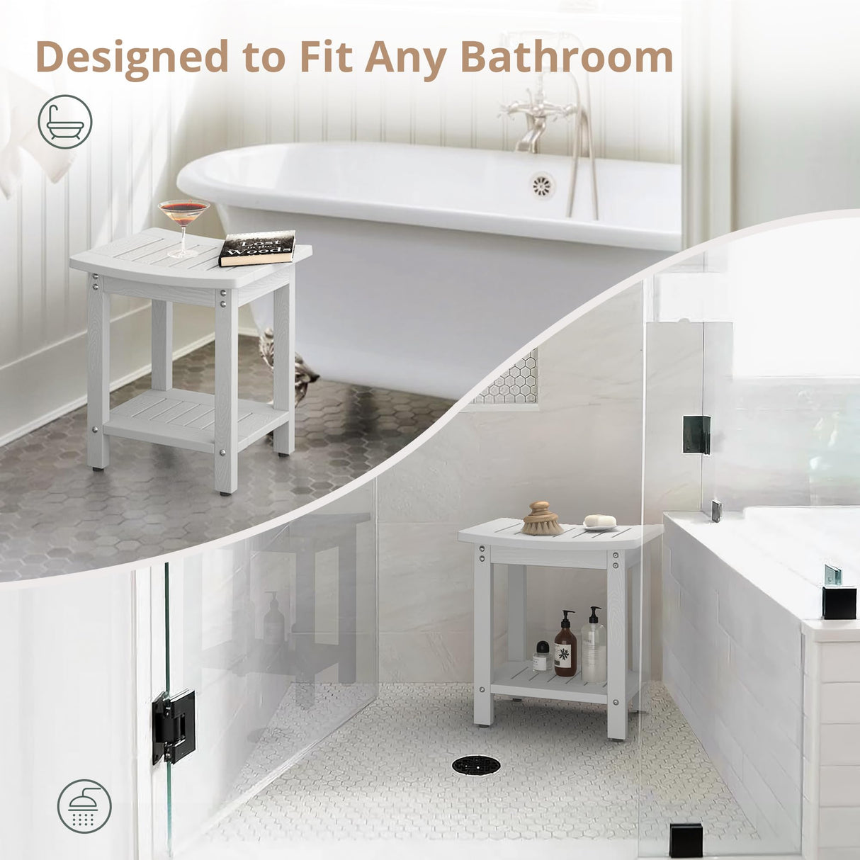 LUE BONA HDPS Shower Bench Seat, Shower Stool for Inside Shower Waterproof, Bath Spa Shower Foot Stool for Shaving Legs with Storage Shelf, Weather Resistant/Non-Slip/Indoor or Outdoor Use, White LUE BONA