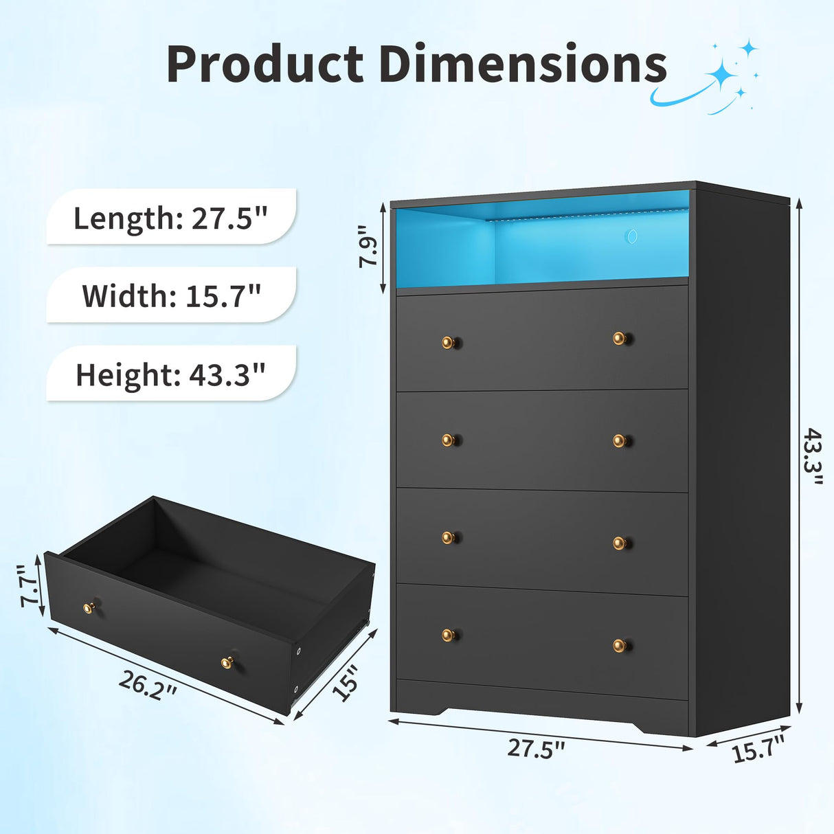 EnHomee Dresser with LED Light, Tall Dresser for Bedroom, Black Dresser&Chest of Drawers Wooden Dresser for Hallway, Closet, Entryway, 43.3" H x 27.5" W x15.7 D EnHomee