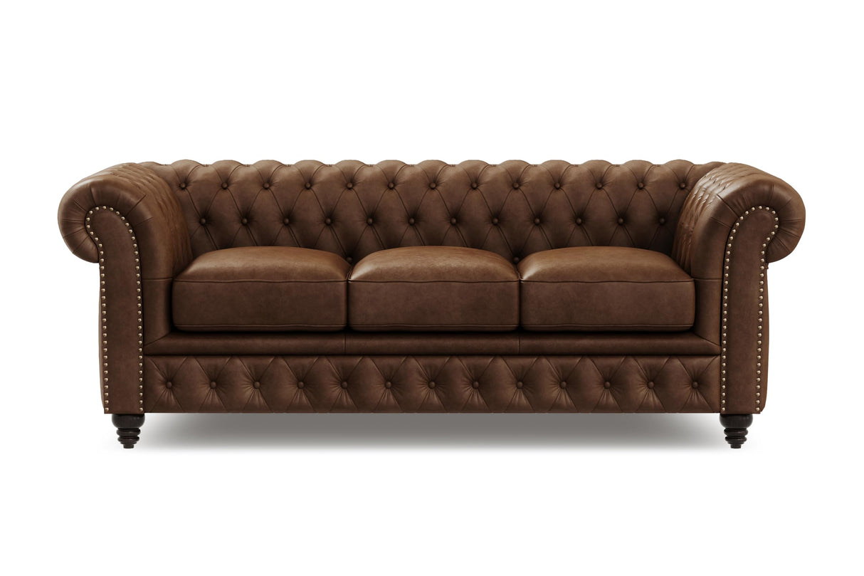 Valencia Parma Chesterfield 3 Seater Sofa 82" | Premium Full-Aniline Leather | Mid-Century Leather Couch with Classic Button Tufted Back, Wood Legs for Living Room, Chocolate VALENCIA THEATER SEATING