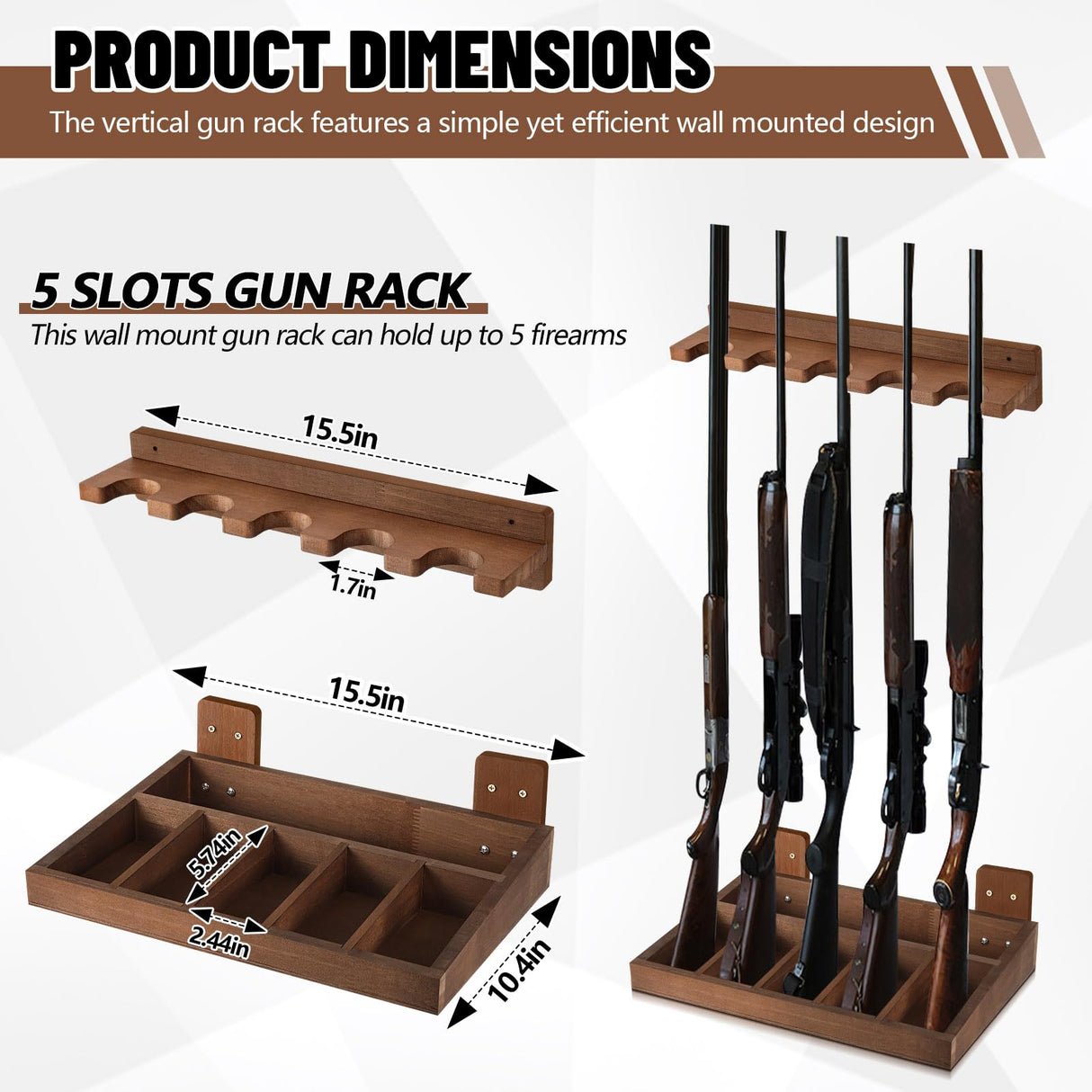 GlikCeil 1 Set Wooden Vertical Gun Rack Wall Mount Indoor Hold up to 5 Long Guns Shotguns Rifle Racks Display Holder Stand for Firearms Display Storage Home Accessories Office(Walnut) GlikCeil