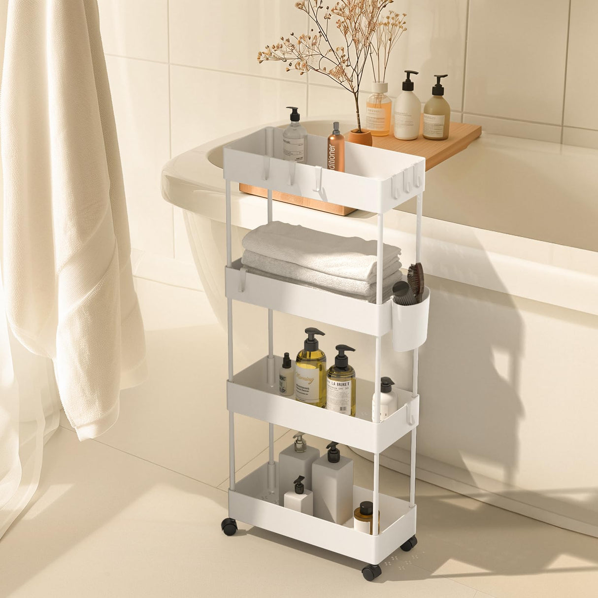 Pipishell Slim Storage Cart with Wheels, 4 Tier Bathroom Storage Organizer Rolling Utility Cart for Bathroom Kitchen Laundry Room Office Narrow Place (White) Pipishell