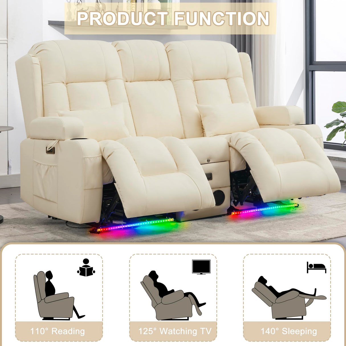 URRED Power Reclining Loveseat Sofa with Console, RV Couch Loveseat Recliner Sofa with Massage & Heat, LED Light, Cupholders, Bluetooth Speakers, USB Charge Ports, Outlets, Faux Leather, Ivory URRED