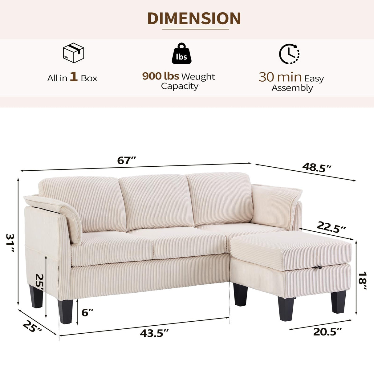 HAOMARKETS Modern Convertible L Shaped Sofa with Storage Ottoman,3-Seater Corduroy Fabric Couch with Reversible Chaise Lounge, Sectional Couches for Small Spaces, Living Room, Apartment, Beige HAOMARKETS