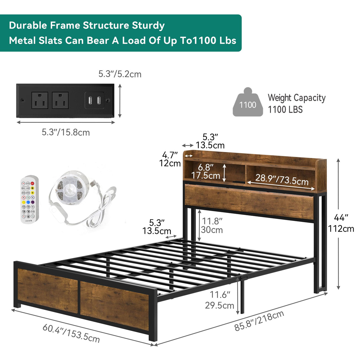 YITAHOME Queen Bed Frame with 2-Tier Storage Headboard, Metal Platform Bed Frame with Charging Station & LED Lights, Noise-Free/Metal Support/No Box Spring Needed, Rustic Brown YITAHOME