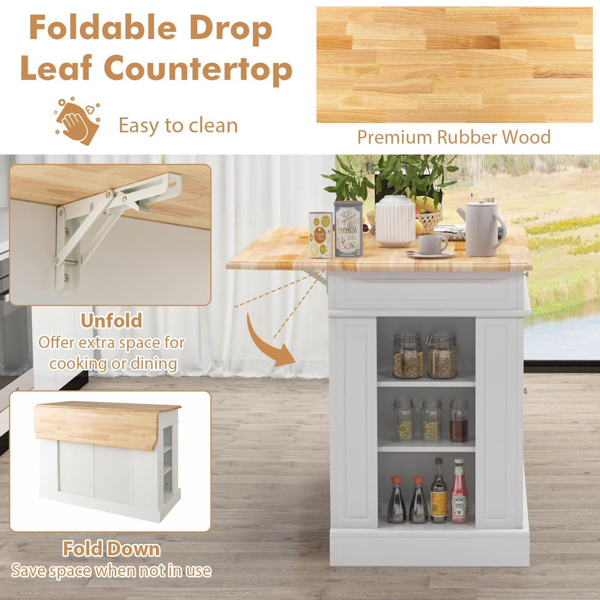 SILKYDRY Kitchen Island with Drop Leaf, Rubber Wood Top Breakfast Bar, Storage Cabinet with 2 Drawers, Adjustable Shelves, Spice Racks, Stationary Island Table for Dining Room, White SILKYDRY