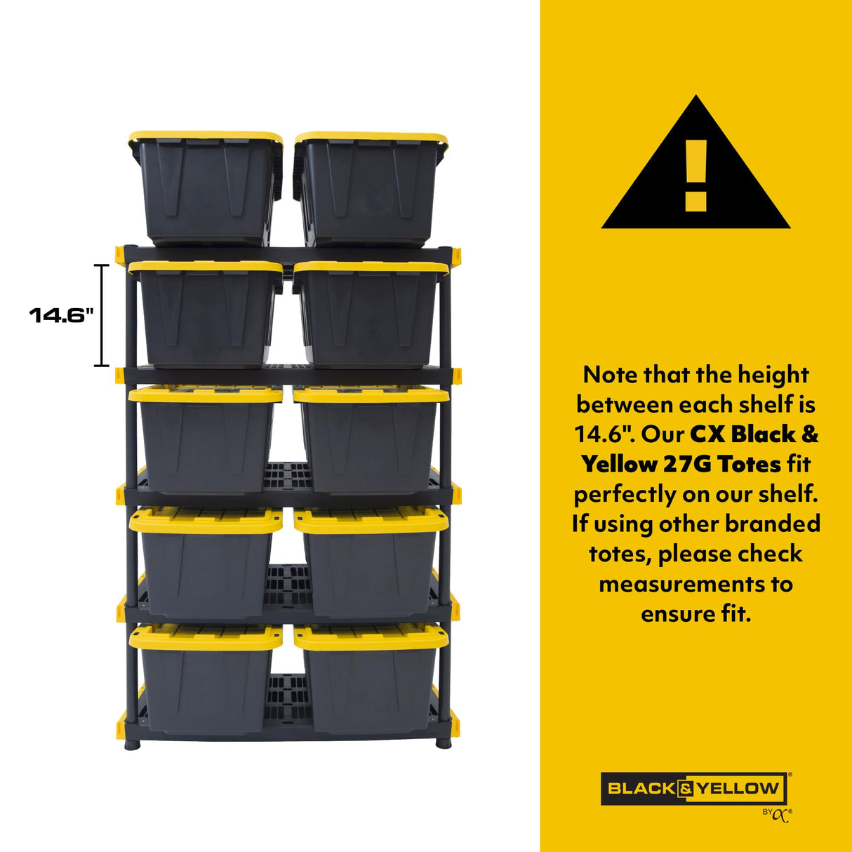 CX Black & Yellow®, 5-Tier Heavy Duty Plastic Storage Shelving Unit, 200lbs/shelf (72”H x 48”W x 20”D), for Indoor/Outdoor Organization, Modular Rack CX