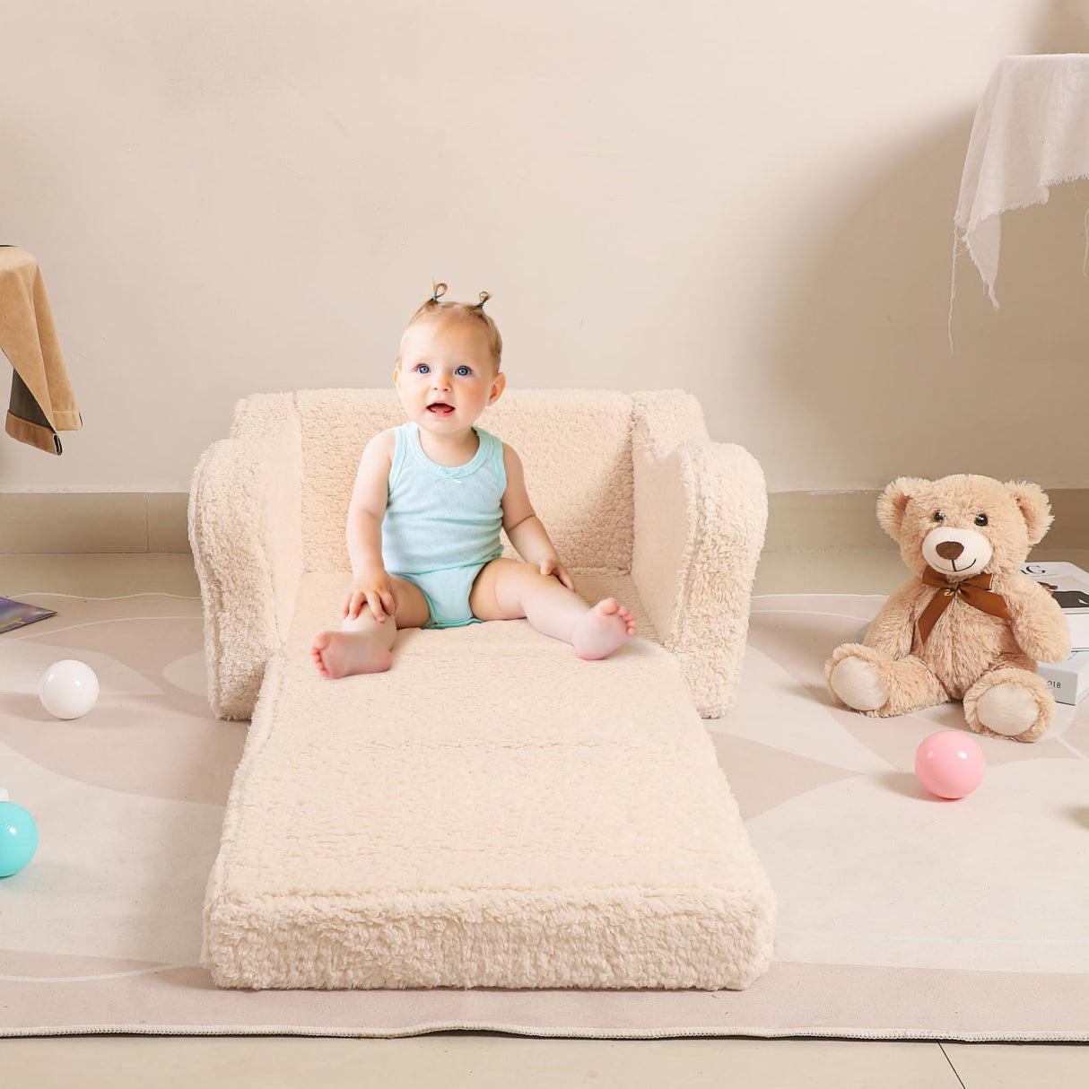 MOMCAYWEX Kids Chairs for Toddler, 2-in-1 Toddler Soft Sherpa Couch Fold Out, Convertible Sofa to Lounger for Girls and Boys, Cream MOMCAYWEX