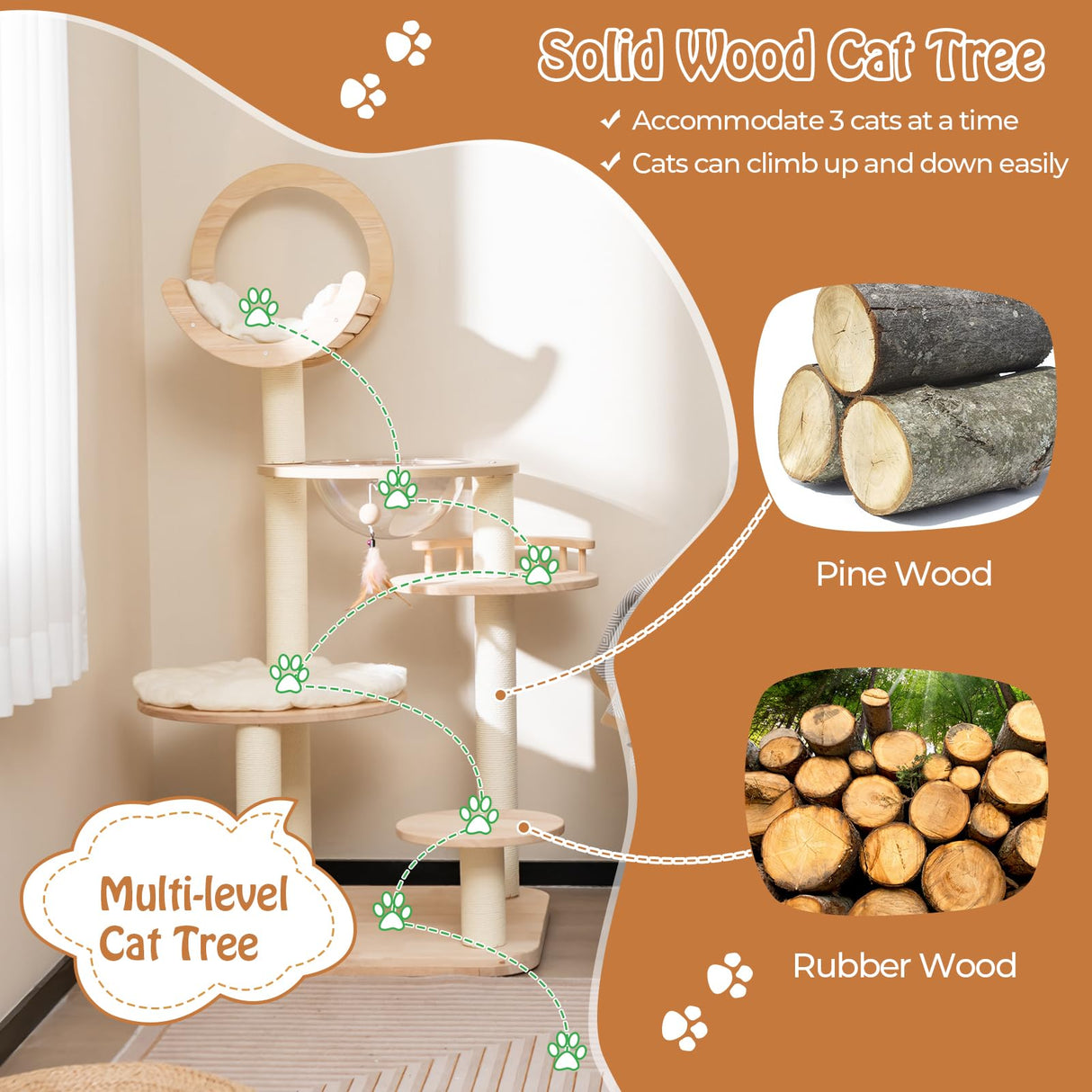 PETSITE 57 Inches Tall Wooden Cat Tree, Multi-Level Cat Tower with Scratching Posts, Space Capsule Bed, Padded Platform and Hanging Ball, Modern Transformable Cat Tree Tower for Indoor Cats Large PETSITE
