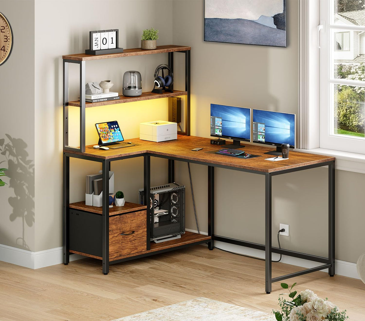 HOOBRO L Shaped Gaming Desk, Reversible Computer Desk with LED Light & Power Outlet, Corner Desk with Storage Shelves & Drawer, for Home Office, Study, Rustic Brown and Black BF18UDDN01 HOOBRO