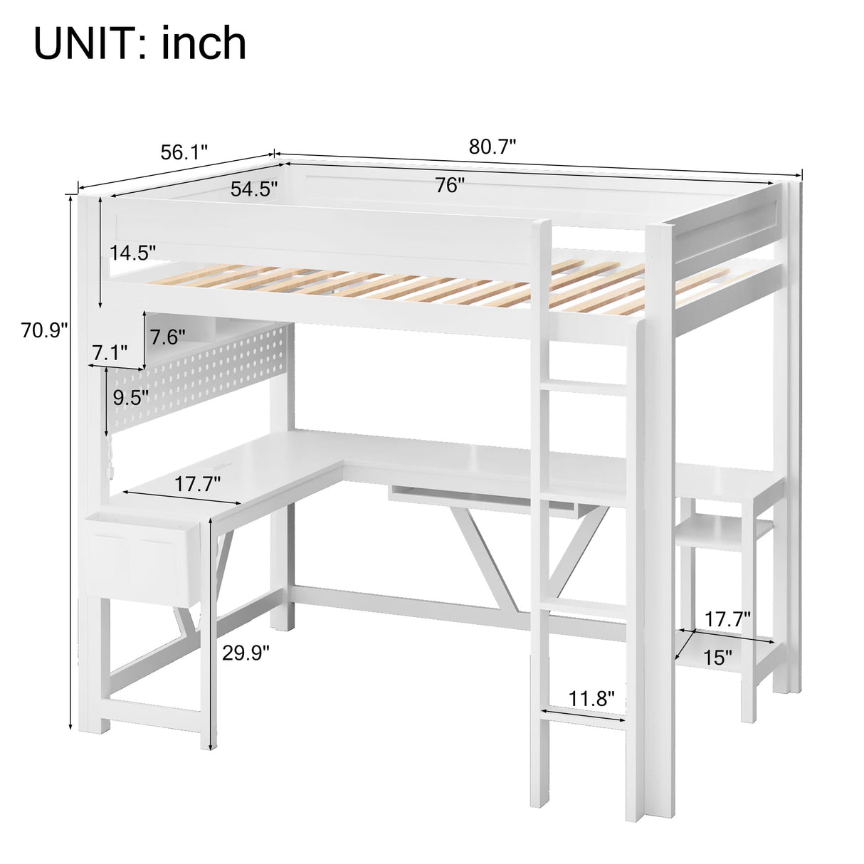 Merax Full Size Gaming Loft Bed with L Shape Desk, Storage Shelves, Sturdy Wood Loft Bunk Bed Frame with Charging Station and Lights, No Box Spring Needed, Space-Saving, Noise Free, White Merax