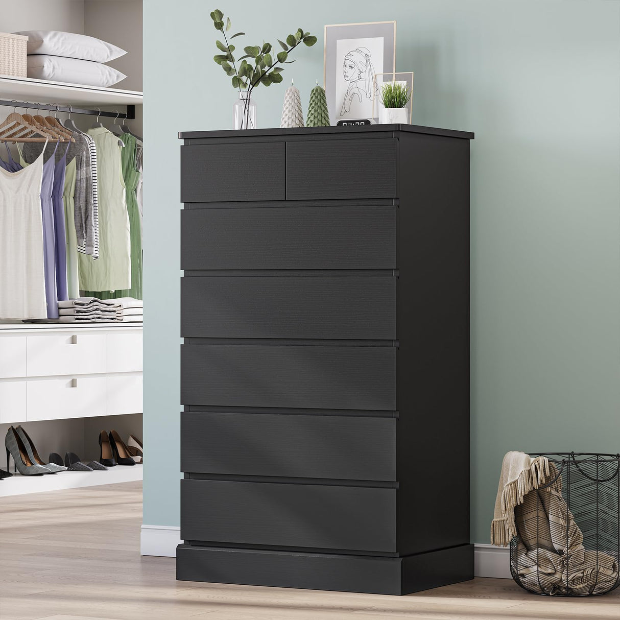 DICTAC Black Tall Dresser for Bedroom with 7 Drawers, 51.8" Tall Dressers & Chests of Drawers, Modern Wood Closet Organizer and Storage Cabinet, Large Vertical Dresser for Bedroom, Closet, Hallway DICTAC