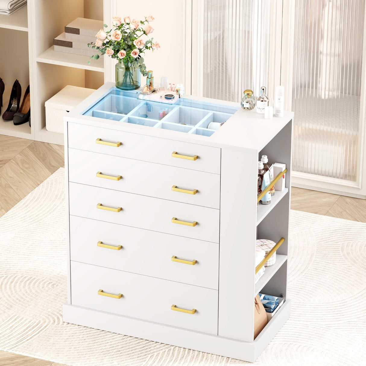 JanflyHome Closet Island with Open Shelves, Modern Glass Top Dresser with LED Lights, Tall Chest of Drawers with Jewelry Organizer for Bedroom,Living Room, Bedroom, Hallway, Entryway, White JanflyHome
