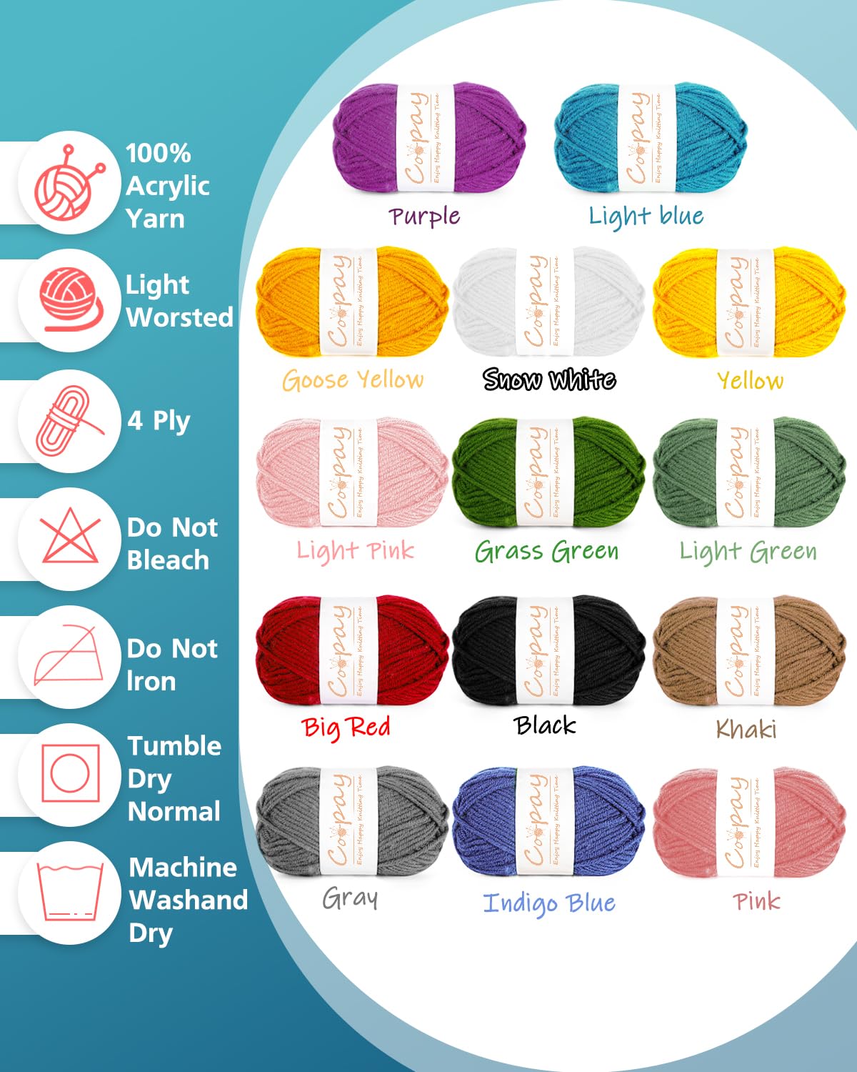 Coopay Crochet & Knitting Yarn, 25g x 14 Multicolor Acrylic Yarn, 1071yd, 4ply Soft, Beginner/Professional Kit Coopay