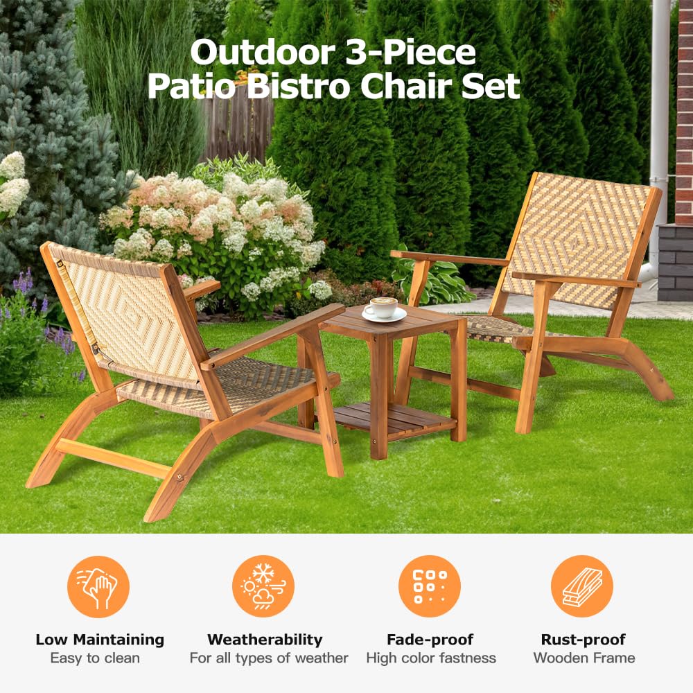 Panana 3 Pieces Patio Furniture Set Acacia Wood Side Table and PE Rattan Wicker Bistro Set Wooden Chairs for Outdoor, Deck, Porch, Poolside, Balcony Panana