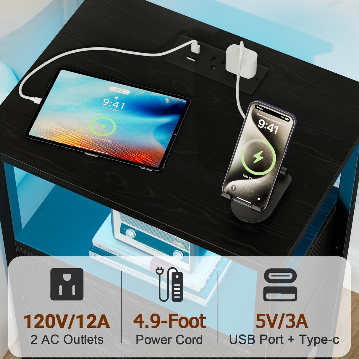 LOAKEKEL Nightstand with Charging Station, End Table with 2 Fabric Drawers, LED Night Stand for Bedroom, Small Bed Side Table with USB Ports and Outlets for Living Room, Black, HETS02BK-1 LOAKEKEL