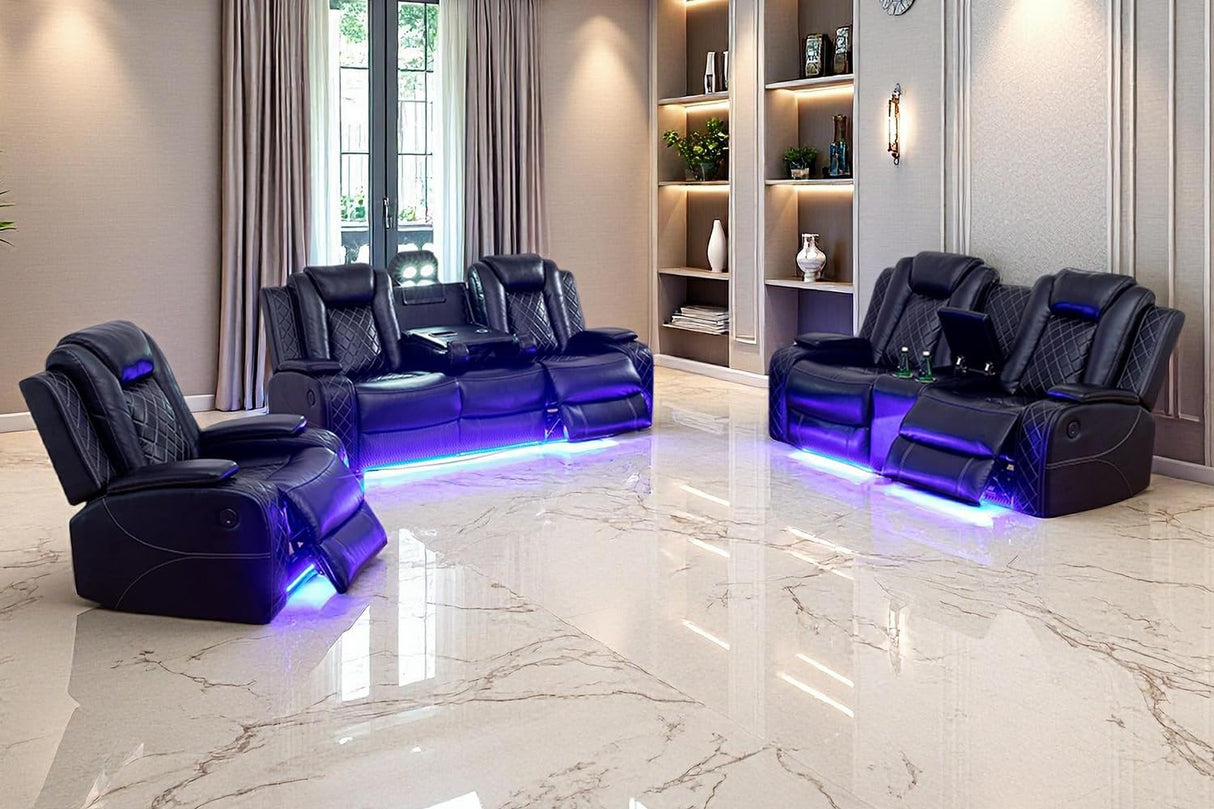 Toseslo Power Recliner Sofa Set, Black Leather 3 Pieces Sectional Couch, Living Room Furniture Sets with LED Light, Modern Power Reclining Sets with Storage Console/Cup Holder for Living Room Toseslo