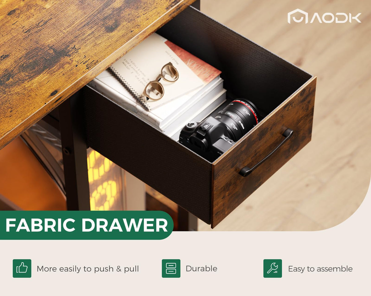 AODK Gaming Desk with LED Lights & Power Outlet, 48 Inch Computer Desk with Drawer, Reversible Desk with Adjustable Monitor Shelf & Headphone Hook for Home Office, Rustic Brown AODK