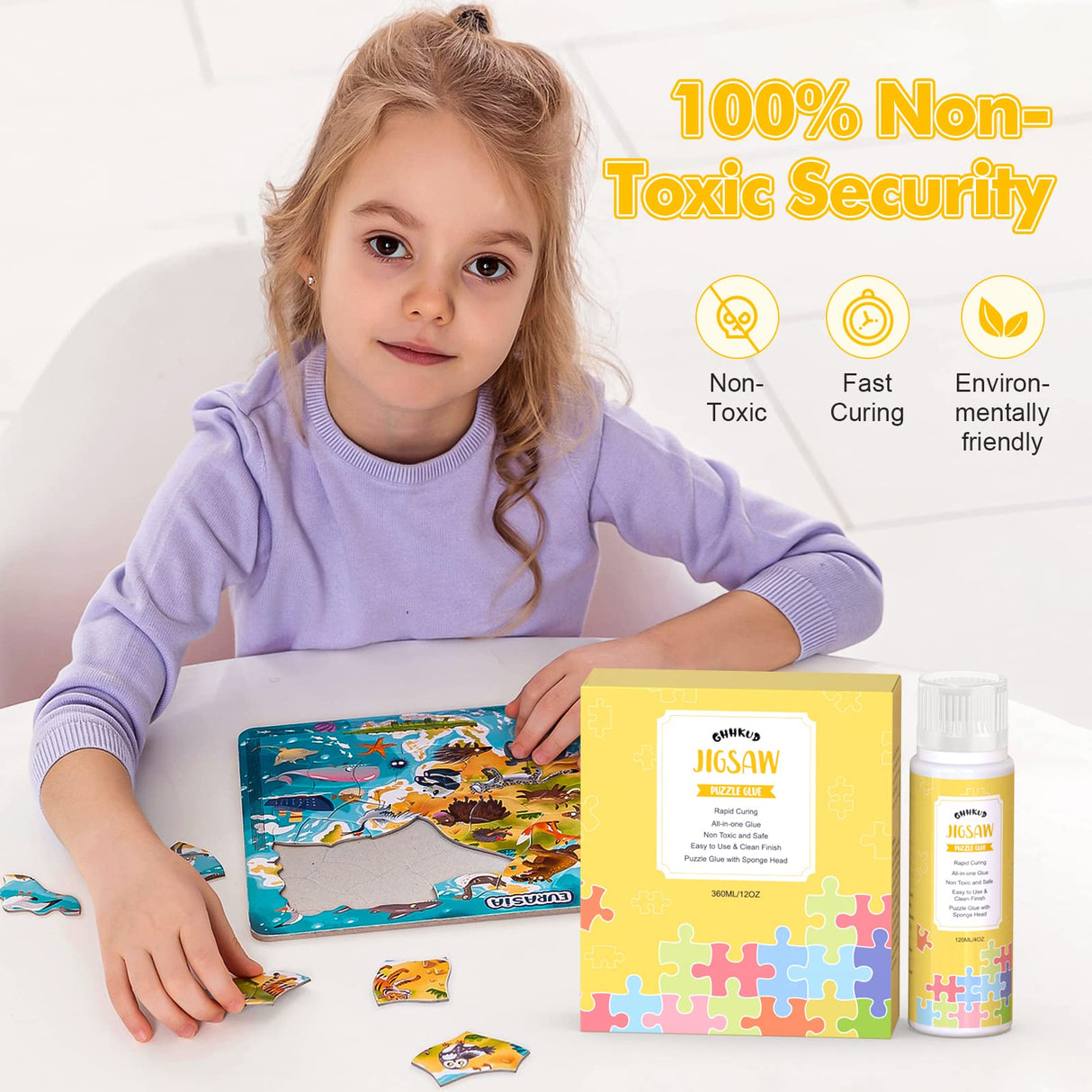 GHHKUD Jigsaw Puzzle Glue, 360ML Jigsaw Glue with Sponge Head, Non-Toxic and Quick Dry Puzzle Sealer for 7000/8000/9000 Pieces of Puzzle Jigsaw Accessories Glue Scrapper Included & Double-Sided Tape GHHKUD