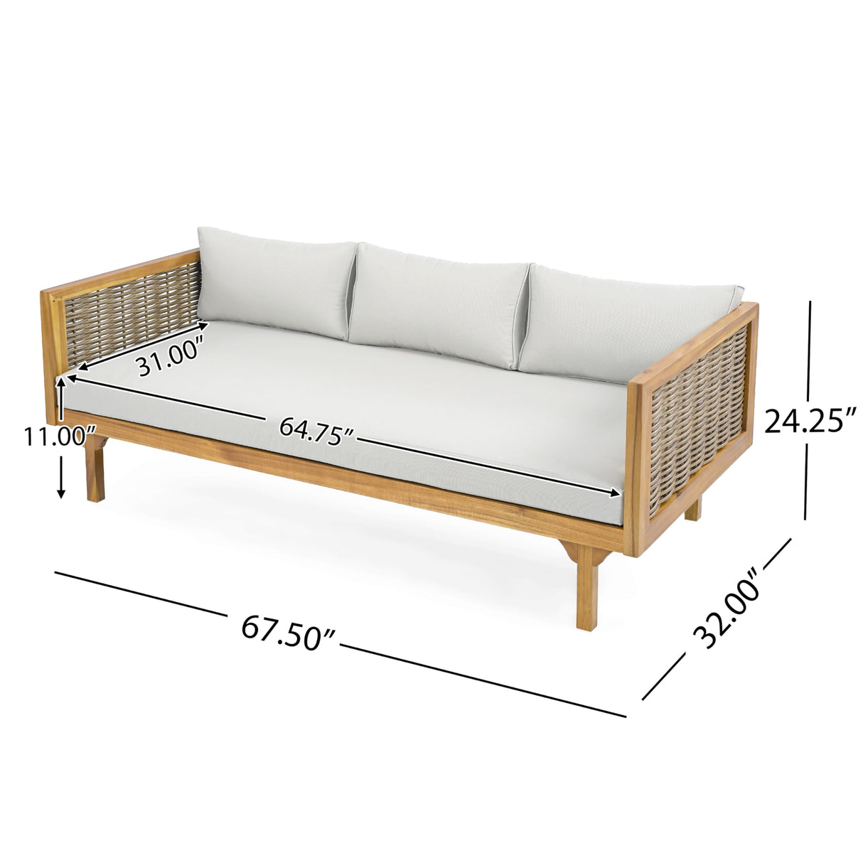 Merax 67.5" Outdoor Patio Daybed 3 Seater Sofa Bed,Acacia Wood Frame with Rattan Arm,Cushion & Pillow for Pool Merax