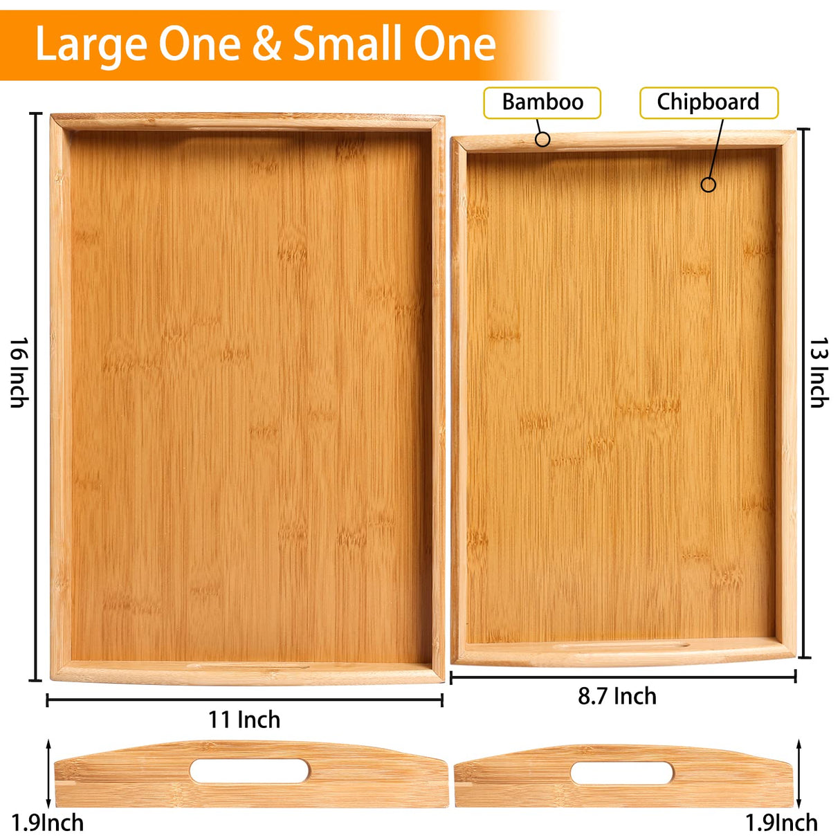 2 Pack Bamboo Serving Tray with Handles, Portable Bed Tray for Breakfast Dinner, Eating Trays for Living Room,Restaurants JUPELI