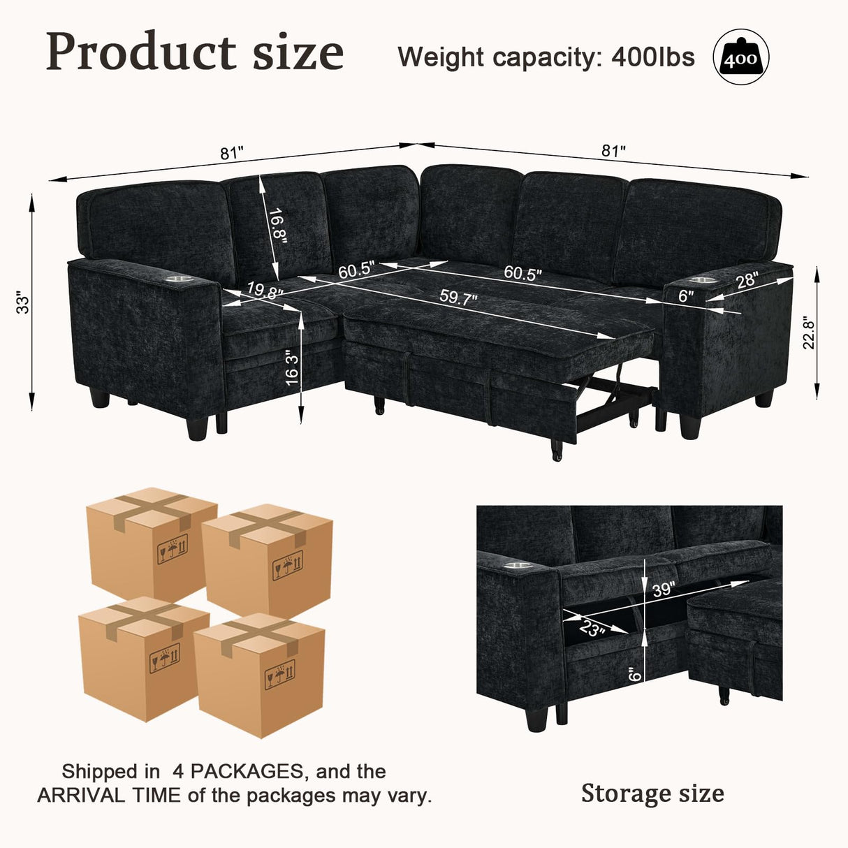 KEIKI 81" L-Shaped Oversized Chenille Modular Sectional Sleeper Sofa with Pull-Out Bed, Storage Seat, Modern 5-Seater Upholstered Couch Bed with Charging Station, Easy Assembly, for Living Room, Black KEIKI