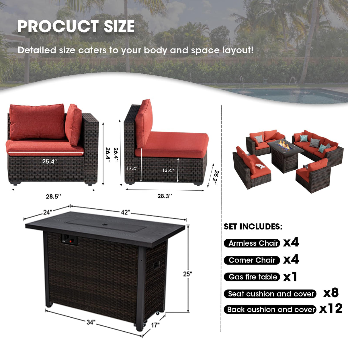 Grezone 9 Piece Patio Furniture Set with 44" Fire Pit Table, Outdoor Sectional Couch, PE Rattan Patio Conversation Sets with 4inch Cushions for Backyard Red Grezone