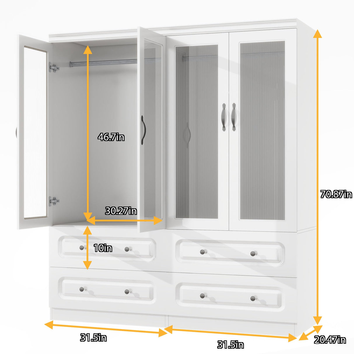 GraceGrove Armoire Wardrobe Closet with 4 Glass Doors and 4 Drawers, Closet Cabinet with and Hanging Rods and Storage, Wood Wardrobe for Bedroom, Tall Armoires and Wardrobes White GraceGrove