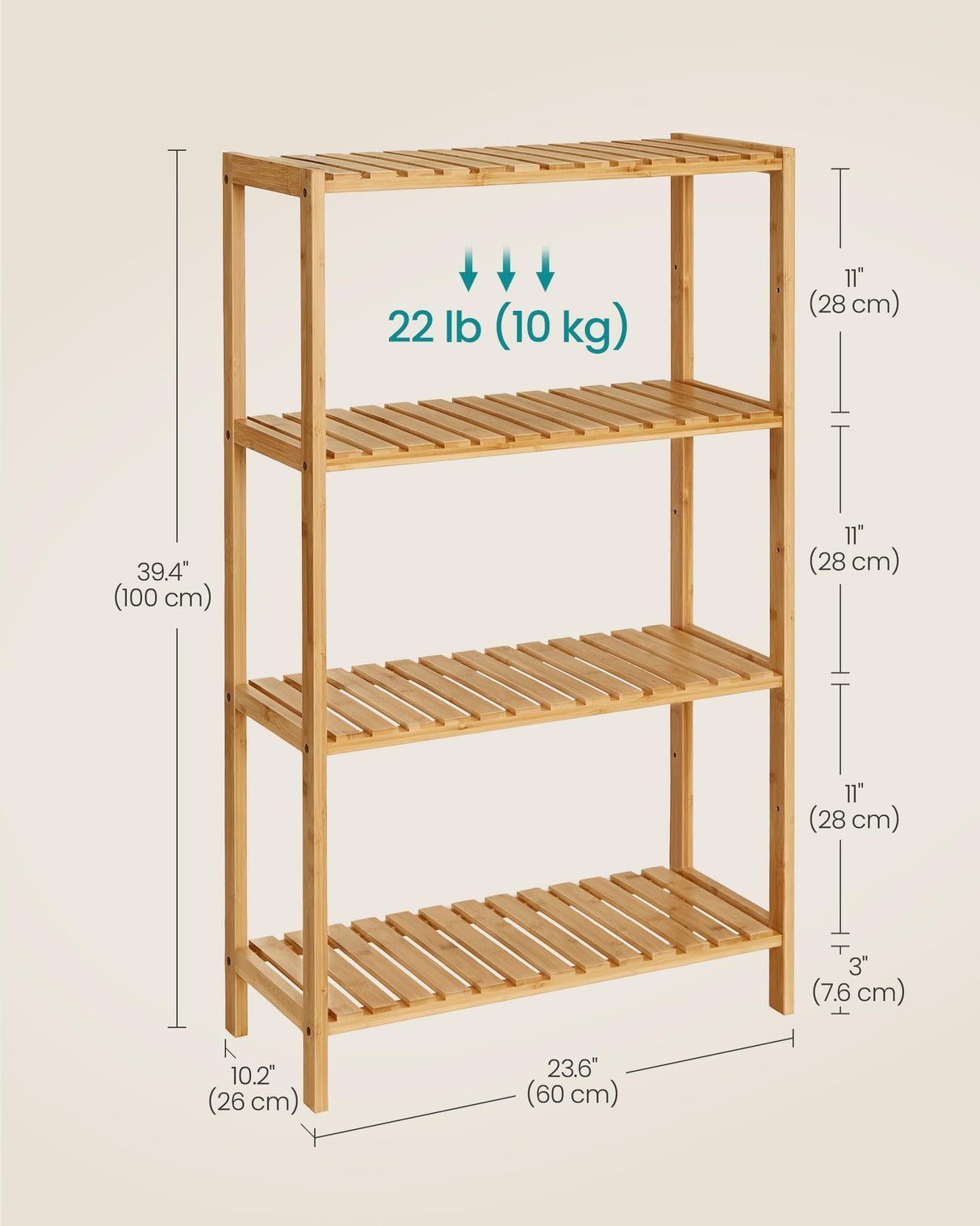 SONGMICS Bamboo Storage Shelf, 4-Tier Shelving Unit, Multifunctional, in The Entryway, Bathroom, Living Room, Balcony, Kitchen, 10.2 x 23.6 x 39.4 Inches, Natural UBCB034Y01 SONGMICS